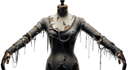 Torn, weathered mannequin, dark background. Deteriorating fabric. Arms extended. Creepy
