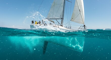 A sailboat glides across the ocean with a split view, showing underwater details and above-water action.
