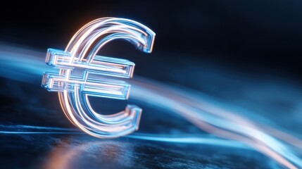 Abstract glowing euro symbol with light streaks in a dark background, representing finance, economy, and modern currency concepts in digital art