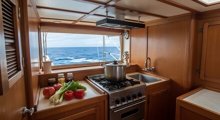 Wooden galley on a boat with a view of the ocean, cooking ingredients, and a pot on the stove.
