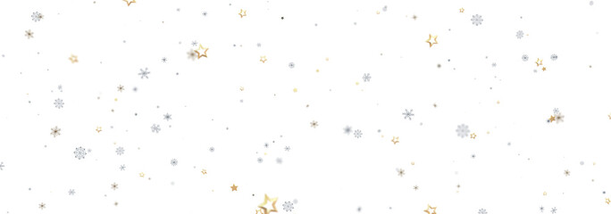 Elegant winter background image featuring gold stars and silver snowflakes on white. Ideal for holidays.