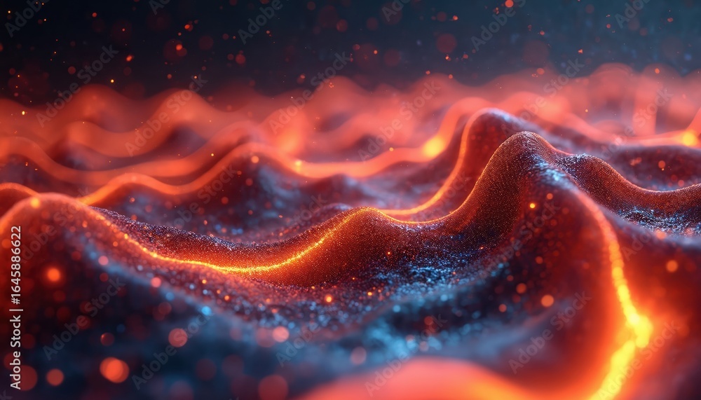 Poster abstract digital art showcases fiery red and blue waves with sparkling particles. interconnected net