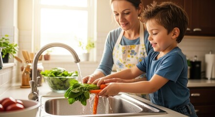 A woman and a child washing vegetables in a kitchen sink.