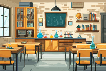 Colorful Science Classroom with Laboratory Equipment and Desks