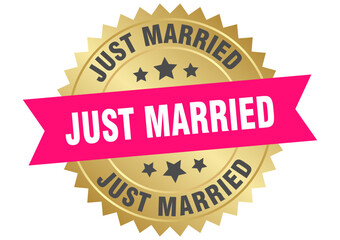 just married. just married round pink and gold label isolated on transparent background