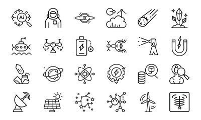 24 Science and Technology Line Icons Artificial Intelligence, Space, Astronomy, Renewable Energy, Laboratory, Drone, Solar, Magnet, Research, and Innovation Vector Icon Set
