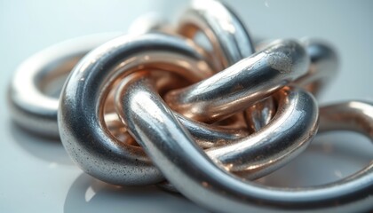 Close-up abstract view of intertwined metallic rings, suggesting connection and technology. The shiny, reflective surfaces in silver and gold tones create a modern, intricate design element.