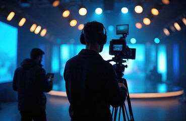 Cameraman filming live event with pro video camera on tripod. Person wears headphones, recording in studio with blue and orange lights. Broadcast production, news, entertainment industry.