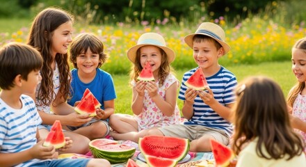 Children enjoying a picnic in a vibrant, colorful outdoor setting with watermelon slices and a blanket.