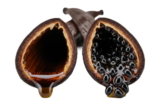 Extreme macro shot of a freshly split vanilla bean pod, dark brown exterior, moist interior, oozing black seeds, sharp focus, on transparent background, soft shadow, luxury food concept