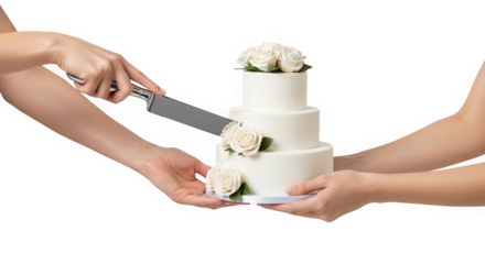 Hands holding wedding cake while cutting with knife and flowers