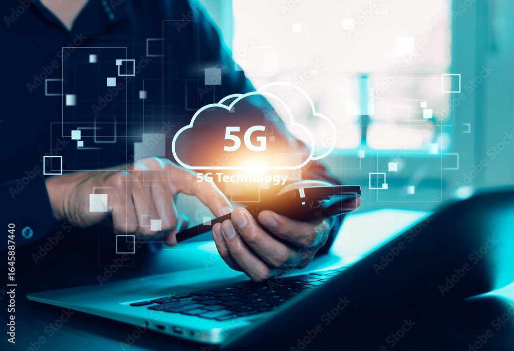 Aufkleber global network connection 5g on hand business man.global network connection 5g with icon concept, te