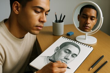 Man sketching realistic self-portrait using mirror as reference on wooden desk under soft light with neutral background, creative self-expression concept. Ai generative