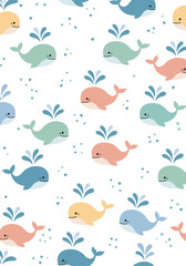 Adorable whales and water splashes cute marine animal pattern design