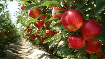 Vibrant Red Apples on Tree in Orchard with Green Leaves and Sunlight