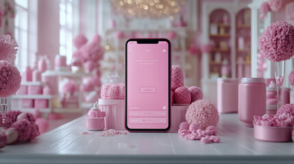 Pink smartphone in a beauty salon setting; app interface shown