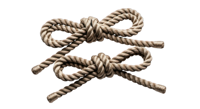 Two tied ropes, knotted and looped, isolated. Textured, detailed, organic look