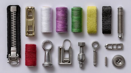 Collection of colorful zipper pulls and sewing machine parts displayed against a white background