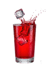 Frosted glass, condensation, ruby-red cranberry juice, sculpted ice cube mid-splash with arcing droplets, dramatic backlighting, clean studio. Concept for beverage advertising