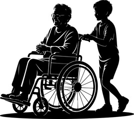 A compassionate silhouette of a grandparent seated in a wheelchair being gently pushed by a grandchild from behind