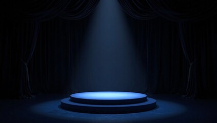 Dark circular podium under a dramatic blue spotlight, surrounded by swirling mist and deep shadows, cinematic stage design for mysterious product reveal.