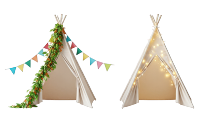 Two teepees one with festive bunting and garland, one with fairy lights