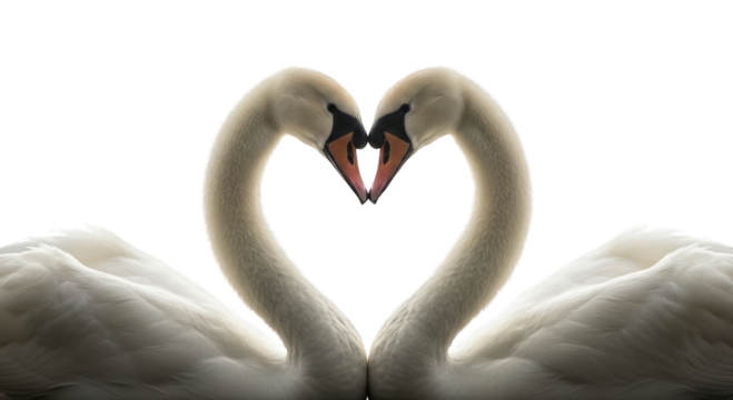 Two white swans forming a heart shape