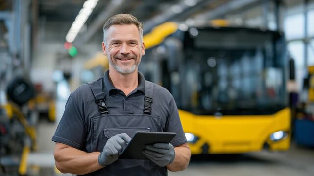 A skilled auto technician confidently uses a tablet for diagnostics near a yellow transit bus in a bright workshop.
