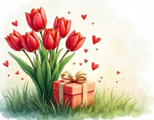 Fototapeta premium Watercolor illustration features a vibrant bouquet of red tulips next to a gift box with a gold bow. Red hearts float around the floral arrangement, creating a romantic, cheerful spring atmosphere.