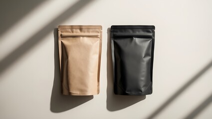 Two standing pouches one brown and one black with natural light and shadows