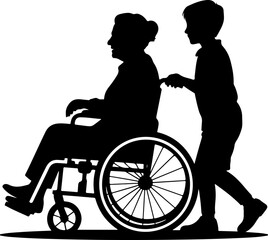 A compassionate silhouette of a grandparent seated in a wheelchair being gently pushed by a grandchild from behind