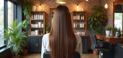 Back view of lady with long shiny hair in salon chair. Elegant interior with plants and brick wall. Focus on healthy hair care and beauty treatments for a luxurious salon experience.