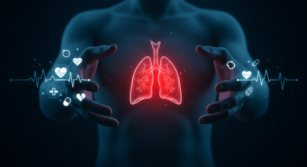 A person presents glowing red lungs surrounded by medical icons, representing respiratory health or disease in a digital, conceptual illustration.