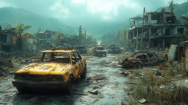 Post-Apocalyptic road through a ruined city with rusty cars