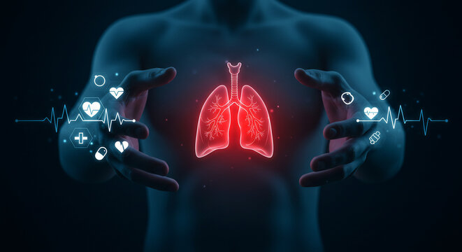 A person presents glowing red lungs surrounded by medical icons, representing respiratory health or disease in a digital, conceptual illustration.