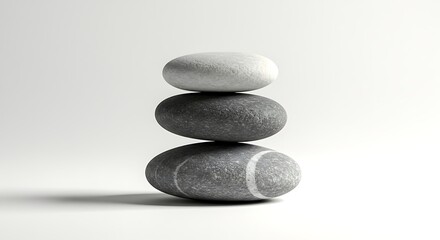 Stack of three smooth stones balanced together isolated on white background
