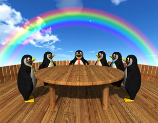 A group of quirky penguins wearing business suits having a meeting, bright cartoon st