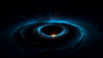 A stunning black hole at the center of a distant galaxy. A bright blue swirl of glowing gas and dust surrounds the event horizon. - Powered by Adobe