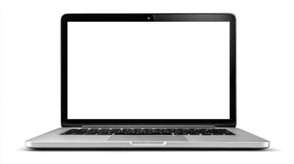 Modern silver laptop with blank screen on a white background, ideal for showcasing technology, business applications, and digital design content creation