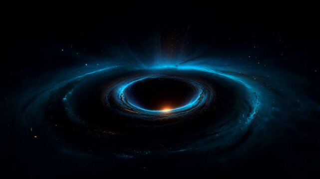 A stunning black hole at the center of a distant galaxy. A bright blue swirl of glowing gas and dust surrounds the event horizon.
