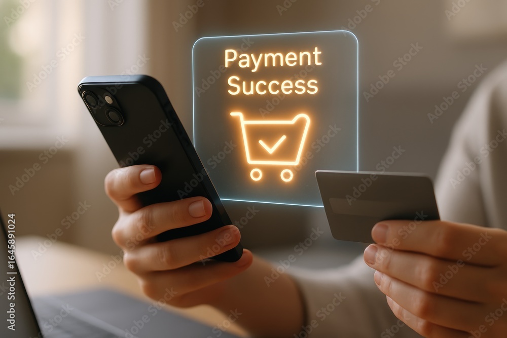 Poster digital payment triumph: a person effortlessly handles digital transactions using a smartphone and a