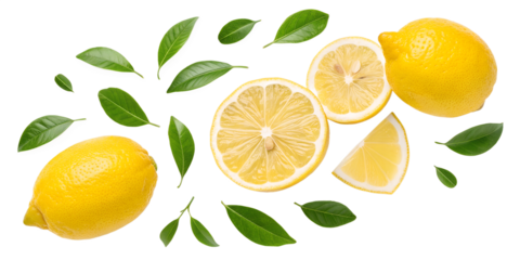 lemon fruits lemon leaves full and half slice on white background png