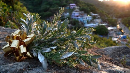 Elegant Floral Arrangement with Golden Bow Against Scenic Background