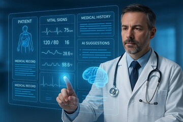 A doctor interacts with a digital interface displaying patient data, showcasing the integration of technology in modern medicine and healthcare practices