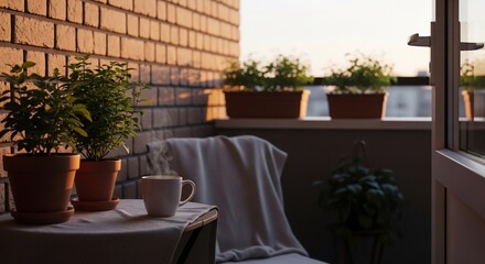 Cozy Balcony Retreat: Steaming Coffee, Plants, and Golden Hour Light