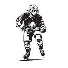 Hockey player action pose vector design concept black and white illustration.