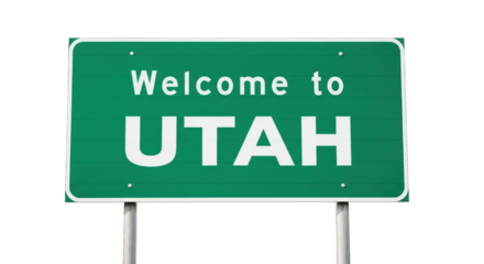 Welcome sign reads "Welcome to UTAH" on a green background
