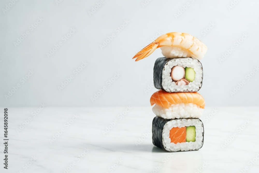 Poster minimalist sushi stack with shrimp, salmon and maki rolls arranged vertically on light marble surfac