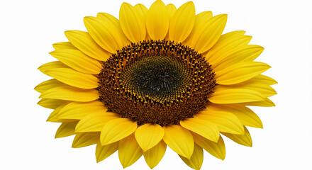 Fototapeta premium Realistic close-up of a sunflower with bright yellow petals and a detailed textured center, isolated on a white background for commercial use.