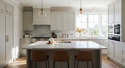 Modern, light-filled kitchen with a large island and stylish cabinets.